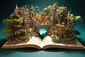 Open book with fantasy castle on green background. 3D illustration, Embark on a whimsical journey through a literary wonderland, Royalty Free Stock Photo