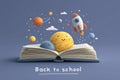 Open book with space-themed illustrations and whimsical educational elements Royalty Free Stock Photo