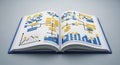 Open book with financial data visualization showing bar chart and line graph on pages with blue and yellow squares Royalty Free Stock Photo