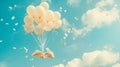 open book flies on pink balloons on blue sky background Royalty Free Stock Photo