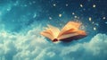 Open Book Floating on Clouds Under a Starry Night Sky Royalty Free Stock Photo