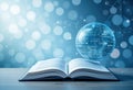 Modern Digital Art Open Book Floating Binary Code Globe Soft Blue Bokeh Background - Concept Digital Royalty Free Stock Photo