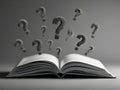 Open book with floating question marks symbolizing curiosity, inquiry, and the pursuit of knowledge in a concept of learning and Royalty Free Stock Photo