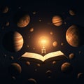 An open book floats in space, surrounded by various planets resembling those in our Royalty Free Stock Photo