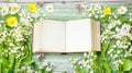 Open book, floral frame, wood background, spring Royalty Free Stock Photo