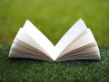 Open book with flower on grass Royalty Free Stock Photo