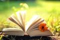 Open book with flower on grass Royalty Free Stock Photo