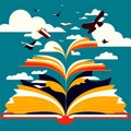 Open book with flying airplanes on the background of the sea. Vector illustration. AI generated
