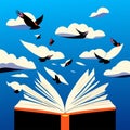 Open book with flying birds on blue sky background. Vector illustration. AI generated Royalty Free Stock Photo