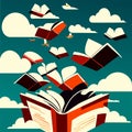 Open book with flying clouds in the sky. Vector cartoon illustration. AI Generated