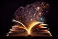 Open book with flying out glowing fantasy stars in night. Generative ai