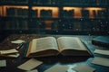 Open book with flying pages in a dimly lit library reflecting knowledge and history Royalty Free Stock Photo