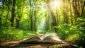 Open book on forest path bathed in sunlight. Generative AI Royalty Free Stock Photo