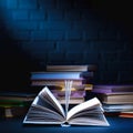 open book in front of stack of colored books