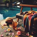 Open book, glasses and dried flowers on the swimming pool background. Royalty Free Stock Photo