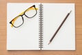 Open book ,glasses and pencil on wood background. Royalty Free Stock Photo