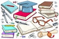 An open book, glasses, and a student diploma. A set of vector icons for the student.