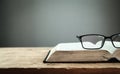 Open book and glasses on the wooden table