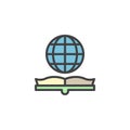 Open book and globe filled outline icon