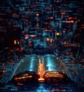 Open book glowing with binary code against digital background of data streams Royalty Free Stock Photo