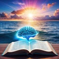 an open book with a glowing brain on top of