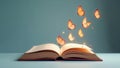 Open book with glowing butterflies emerging from its pages, symbolizing imagination, knowledge, and the magic of reading. Royalty Free Stock Photo