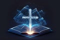 Open book with glowing cross on dark background. Religion concept. Generative AI Royalty Free Stock Photo