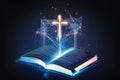 Open book with glowing cross on dark blue background. Religious concept. Generative AI Royalty Free Stock Photo