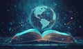 Open book with glowing globe representing knowledge and connectivity, digital network connections, blue and gold color Royalty Free Stock Photo
