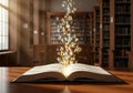 Open book with glowing letters and light sparks coming from its pages. Concept of knowledge, education, imagination, learning Royalty Free Stock Photo