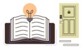 Open book with a glowing light bulb and locked door representing knowledge, ideas, and security Royalty Free Stock Photo