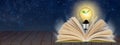 Open book and glowing light bulb over it. Knowledge, education concept. Panoramic wiev Royalty Free Stock Photo