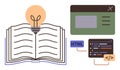Open book with glowing light bulb and web page coding elements representing learning and innovation Royalty Free Stock Photo