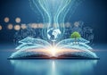 Open book with glowing light and digital particles forming earth and tree representing knowledge Royalty Free Stock Photo