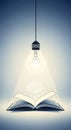 Open book with glowing lightbulb and brain illustration symbolizing education knowledge and creative ideas. Royalty Free Stock Photo