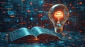 Open book, glowing lightbulb, digital data background, knowledge concept Royalty Free Stock Photo