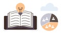 Open Book with Lightbulb Depicting Learning Insights and Pie Chart Representing Teamwork and Collaboration Royalty Free Stock Photo