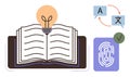 Open Book with Lightbulb, Language Translation Symbols, and Fingerprint Authentication Concept Royalty Free Stock Photo