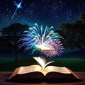 an open book with glowing pages and a bookmark in the middle of with a bookmark flying out of and a glowing star filled sky