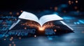 open book with glowing pages emits magical light surrounded by digital data This captivating scene blends literature and Royalty Free Stock Photo