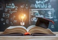 Open book with graduation cap and light bulb, education knowledge concept Royalty Free Stock Photo
