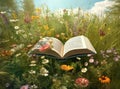 Open book in the grass on the field on sunny day in spring. Beautiful meadow with daisy and dandelion flowers at Royalty Free Stock Photo