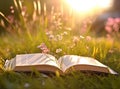 Open book in the grass on the field on sunny day in spring. Beautiful meadow with daisy and dandelion flowers at Royalty Free Stock Photo