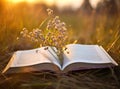 Open book in the grass on the field on sunny day in spring. Beautiful meadow with daisy and dandelion flowers at Royalty Free Stock Photo