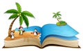 Open book with group of cartoon surfing penguin on the beach