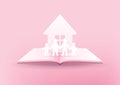 Open book of happy family. House and family paper 3d on pink background. Happy family concept. Royalty Free Stock Photo