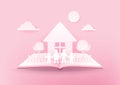 Open book of happy family. House and family paper 3d on pink background. Happy family concept. Royalty Free Stock Photo