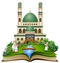 Open book with happy muslim family greeting in front of a mosque