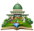 Open book with happy muslim kids cartoon playing in front of a mosque