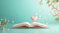 Open book with heart-shaped page, pink petals falling, on blue background Royalty Free Stock Photo